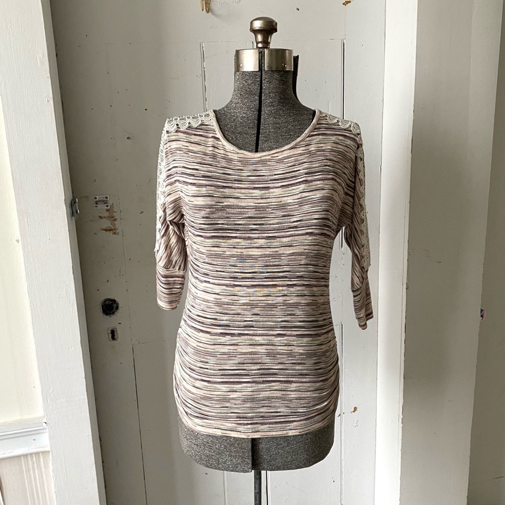 I.N. San Francisco Neutral Heathered Lace Insert Ruched Knit Sweater Top
